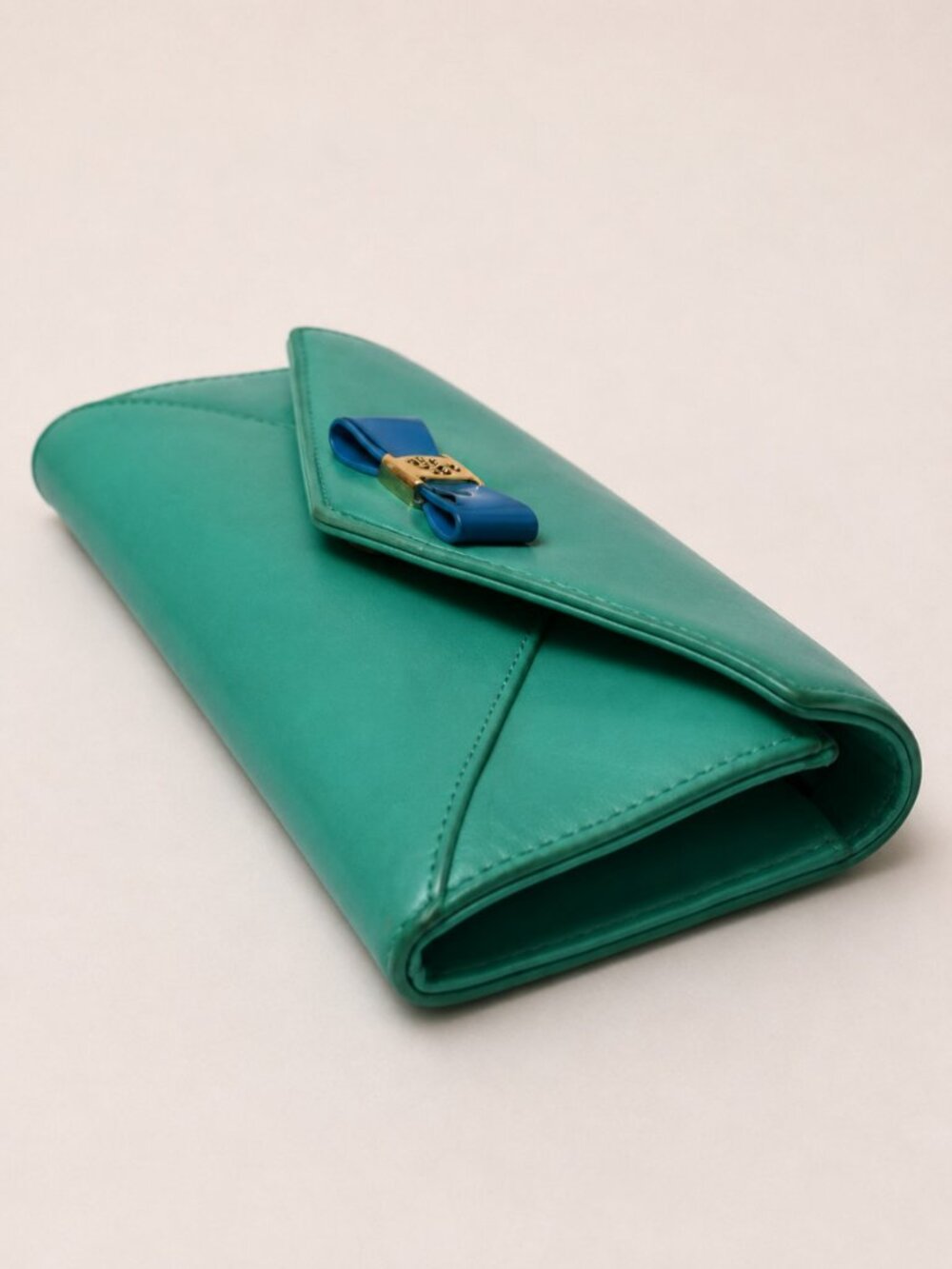 Tory Burch Green Leather Bow Continental Envelope Wallet Blue Enamel Bow - Picture 6 of 9